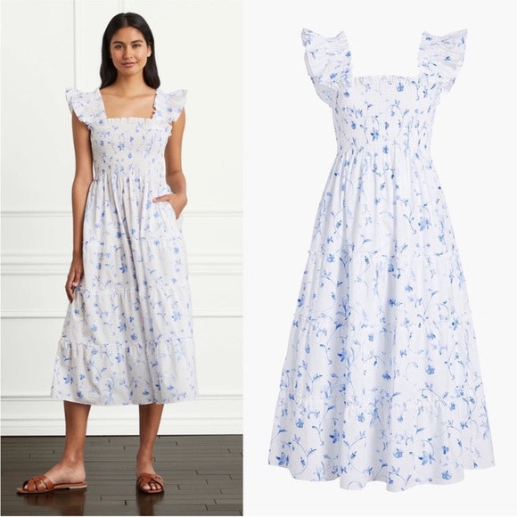 Hill House Dresses & Skirts - HILL HOUSE White & Blue Botanical Floral Flutter Sleeve Smocked Ellie Nap Dress